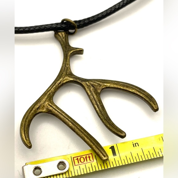 Bronze Tone Deer Antler Pendant on Black Cord Necklace 16” - Picture 3 of 7
